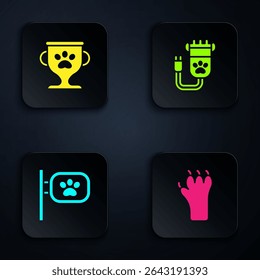 Set Paw print, Pet award, grooming and Hair clipper pet. Black square button. Vector