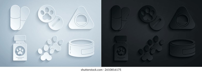 Set Paw print, Pet bed, Dog medicine bottle and pills, Canned food,  and  icon. Vector