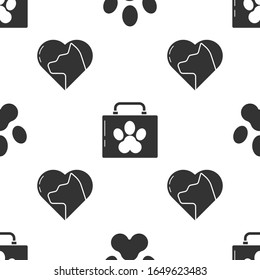 Set Paw print, Pet first aid kit and Heart with cat on seamless pattern. Vector