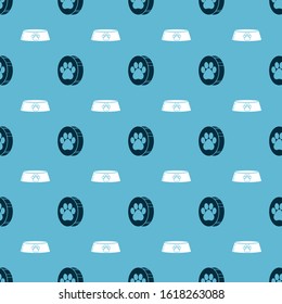Set Paw print and Pet food bowl for cat or dog on seamless pattern. Vector