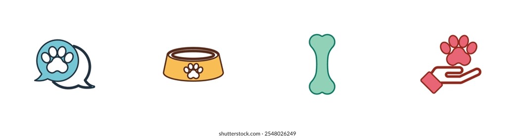 Set Paw print, Pet food bowl, Dog bone and Hands with animals footprint icon. Vector