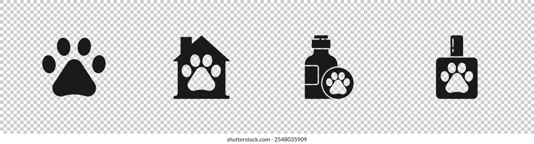 Set Paw print, Pet house, shampoo and  icon. Vector