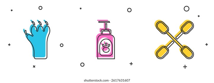Set Paw print, Pet shampoo and Cotton swab for ears icon. Vector