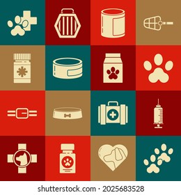 Set Paw print, Syringe with pet vaccine, Canned food, Dog medicine bottle and pills, Veterinary clinic symbol and Bag of for icon. Vector