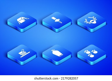 Set Paw print, Tourist tent, Canteen water bottle, Hunter hat with feather, Torch flame and Deer antlers on shield icon. Vector