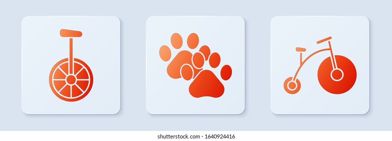 Set Paw print, Unicycle or one wheel bicycle and Vintage bicycle with one big wheel and one small. White square button. Vector