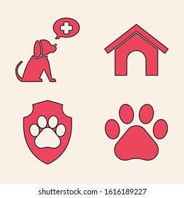 Set Paw print, Veterinary clinic symbol, Dog house and Animal health insurance icon. Vector