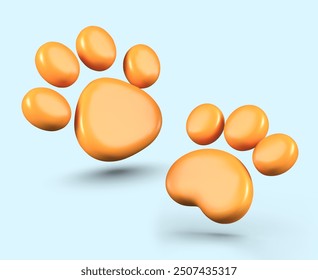 Set of paw prints in 3D cartoon style. Yellow footprints with four and three fingers