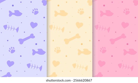 Set of paw seamless patterns. Repeating design element for printing on wrapping paper. Violet, yellow and pink posters. Domestic animals and mammals footprints. Flat vector collection