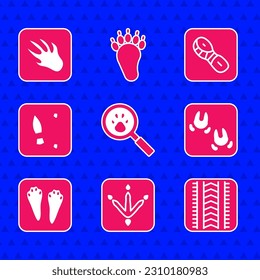 Set Paw search, Chicken paw footprint, Tire track, Wild boar, Rabbit and hare, Human footprints shoes,  and Alligator crocodile icon. Vector