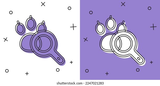 Set Paw search icon isolated on white and purple background. Magnifying glass with animal footprints.  Vector