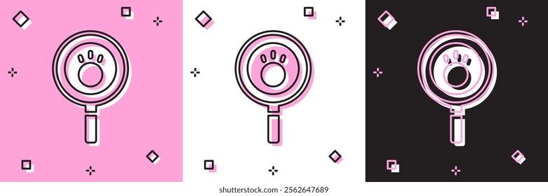 Set Paw search icon isolated on pink and white, black background. Magnifying glass with animal footprints.  Vector