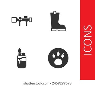 Set Paw search, Sniper optical sight, Lighter and Waterproof rubber boot icon. Vector