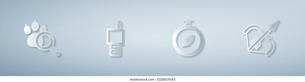 Set Paw search, Walkie talkie, Compass and Medieval bow and arrow. Paper art style. Vector