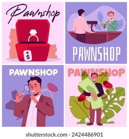 Set of pawnshop service concept posters. Appraiser look at ring with magnifying glass, customer buy jewelry. Happy man get money for collateral service. Flat vector illustration cards collection.