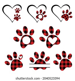 Set of paws. Buffalo Plaid Dog Paw. Love dogs. Animal love symbol paw print. Paw Monogram. Isolated on white background.