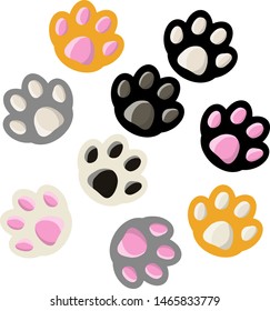 Set of paws cats. The element of the animal's feet. Pet in black, white, red, grey color. Cute cartoon flat illustration