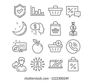 Set of Pay, Online buying and Histogram icons. Add purchase, Shopping basket and Shopping bag signs. Discounts, Sale diagram and Manager symbols. Beggar, Economic trend, Sale offer. Vector