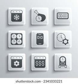 Set Payday, calendar with dollar, Antique clock, Time management, Alarm app mobile, Calendar spring, zone clocks, winter and Digital alarm icon. Vector