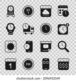 Establece Payday, calendario con dólar, reloj de cristal de aumento, aplicación de alarma móvil, otoño de calendario, camión de entrega y hora, reloj, antigüedades e ícono. Vector