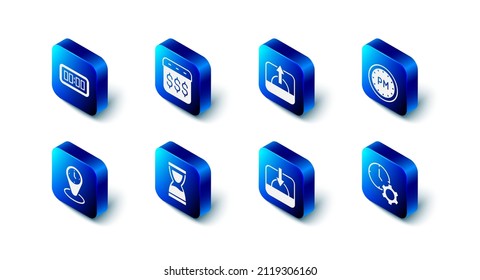 Set Payday, calendar with dollar, Sunrise, Day time, Time management, Sunset, Old hourglass, zone clocks and Digital alarm icon. Vector
