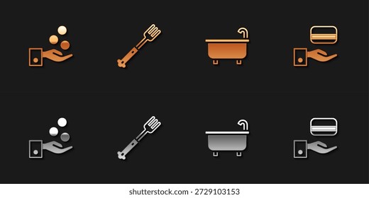 Set Paying tips, Fork, Bathtub and Digital door lock icon. Vector