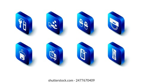 Set Paying tips, Hotel slippers, Bellboy hat, Remote control, Digital door lock, Retro tv, Towel hanger and key icon. Vector