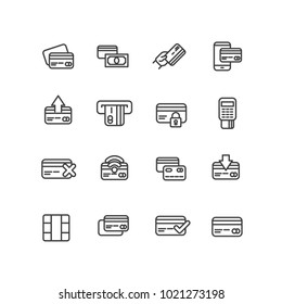 Set payment by bank plastic card for shopping, services or goods vector icons. Vector line icons credit card in cash dispenser, payment terminal and cash notes