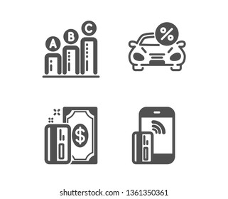 Set of Payment, Car leasing and Graph chart icons. Contactless payment sign. Cash money, Transport discount, Growth report. Phone money.  Classic design payment icon. Flat design. Vector