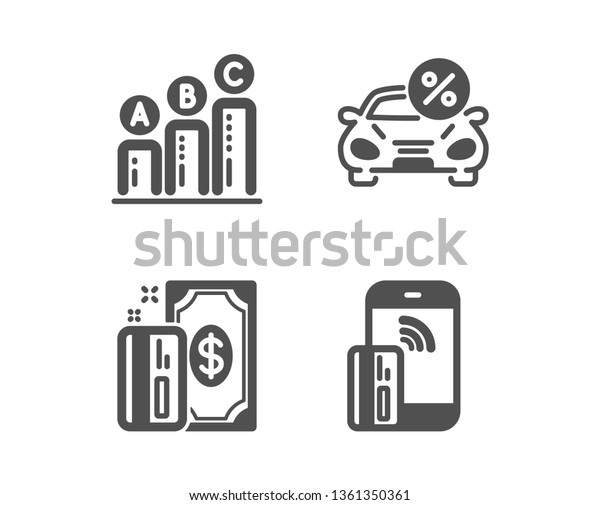 Set of\
Payment, Car leasing and Graph chart icons. Contactless payment\
sign. Cash money, Transport discount, Growth report. Phone money. \
Classic design payment icon. Flat design.\
Vector