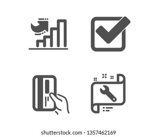 Set of Payment card, Checkbox and Growth chart icons. Spanner sign. Credit card, Approved tick, Diagram graph. Repair service.  Classic design payment card icon. Flat design. Vector