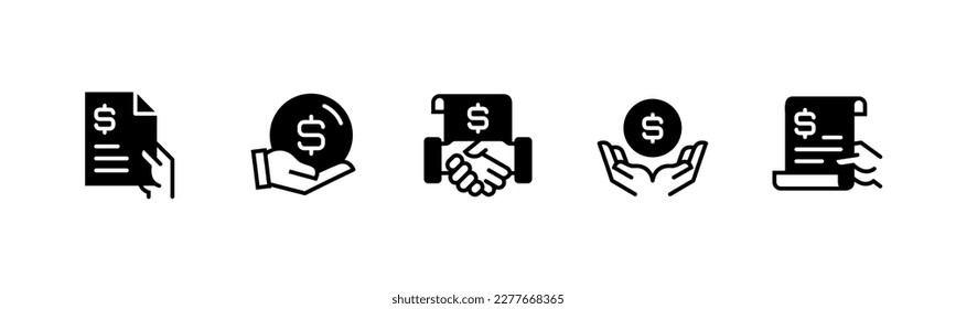 Set of payment check paper icon with hand illustration collection contract file approvement vector design