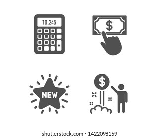 Set of Payment click, New star and Calculator icons. Income money sign. Financial transfer, Shopping, Accounting device. Wealth.  Classic design payment click icon. Flat design. Vector
