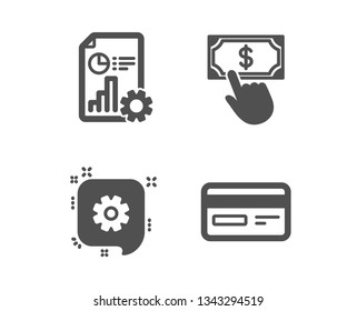Set of Payment click, Report and Cogwheel icons. Credit card sign. Financial transfer, Presentation document, Engineering. Card payment.  Classic design payment click icon. Flat design. Vector