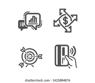Set of Payment exchange, Target and Graph chart icons. Contactless payment sign. Money transfer, Targeting, Growth report. Bank money.  Classic design payment exchange icon. Flat design. Vector