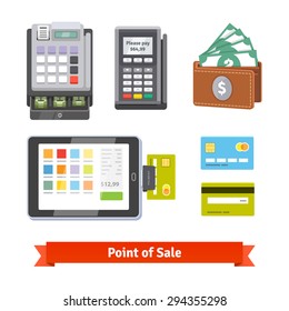 Set Of Payment Icons. Cash Register, Pos Terminal, Wallet, Tablet And Credit Cards. Flat Style Vector Isolated On White Background.