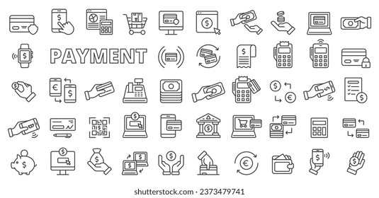 Set of Payment icons in line design. Icons, cash, currency, contactless, transaction, shopping, secure, exchange, withdraw, online shipping, electronic payment isolated on white background vector.