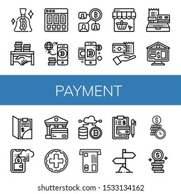 Set of payment icons. Such as Bitcoin, Corruption, Price list, Online shopping, Bill, Cashier, Online banking, Cashless, Bank, Coin, Cryptocurrency, Atm, Invoice , payment icons