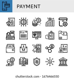 Set of payment icons. Such as Mobile payment, Bill, Cryptocurrency, Money, Bitcoin, Delete package, Cash register, Online shop, Wallet, Online banking, Promotion , payment icons