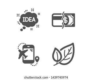 Set of Payment methods, Flight destination and Idea icons. Leaf sign. Credit card, Airplane trip, Creative message. Ecology.  Classic design payment methods icon. Flat design. Vector