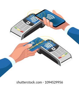 set of payment methods without contact. payment via smartphone and card. isometric 3d