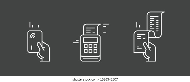 Set of payment options vector elements in flat style. Credit card processing, hand holding debit-credit card, cash and receipt.