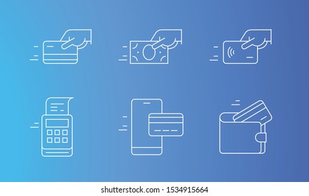 Set of payment options vector elements in flat style. Credit card processing, hand holding debit-credit card, cash and receipt.