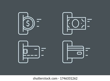 Set of payment options vector elements in flat style. Credit card processing, hand holding debit-credit card, cash and receipt.