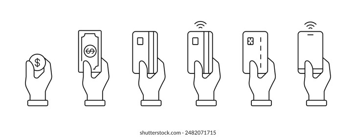 Set of payment options vector elements in flat style. Credit card processing, hand holding debit-credit card, cash and receipt.