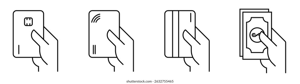 Set of payment options vector elements in flat style. Credit card processing, hand holding debit-credit card, cash and receipt. stock vector. illustration.