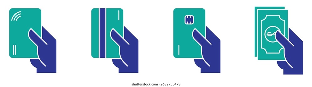 Set of payment options vector elements in flat style. Credit card processing, hand holding debit-credit card, cash and receipt. stock vector. illustration.
