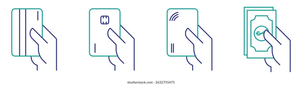 Set of payment options vector elements in flat style. Credit card processing, hand holding debit-credit card, cash and receipt. stock vector. illustration.