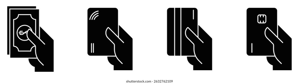 Set of payment options vector elements in flat style. Credit card processing, hand holding debit-credit card, cash and receipt. stock vector. illustration.	