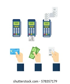 Set of payment options vector elements in flat style. Credit card processing, hand holding debit credit card, cash and receipt.